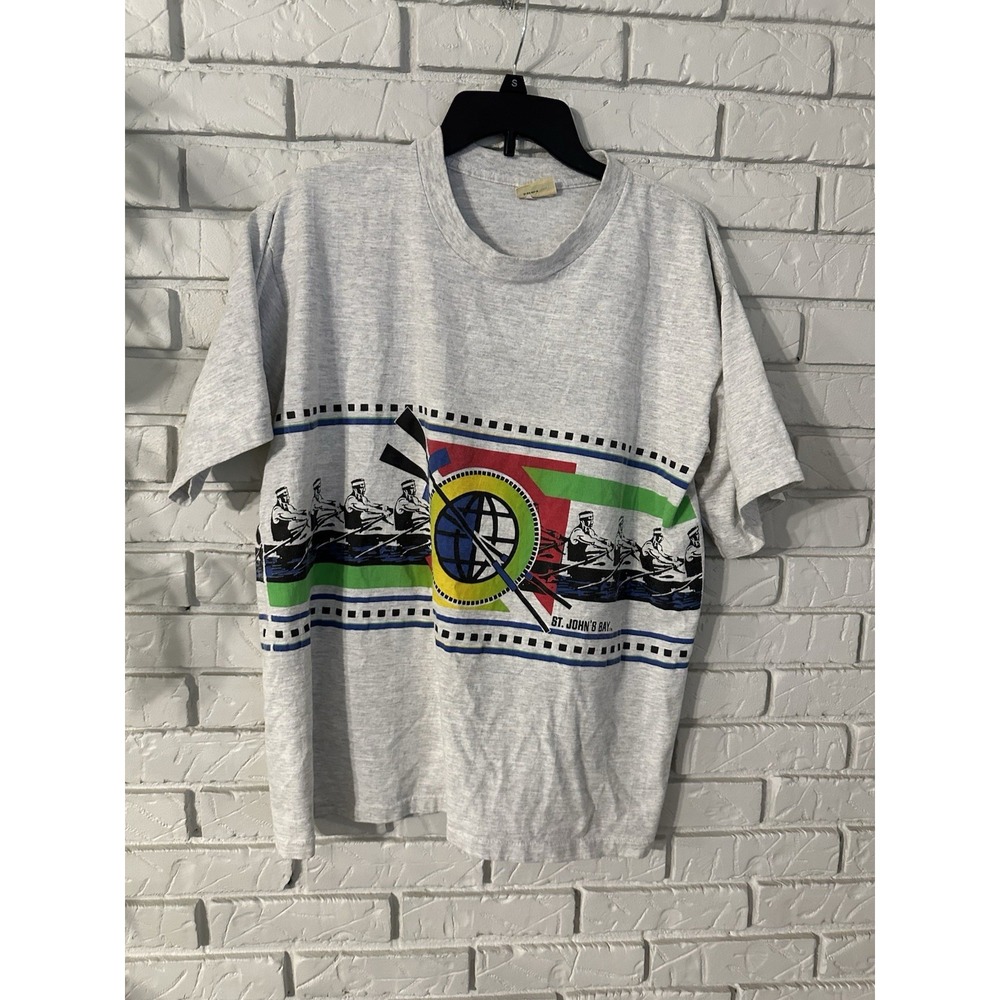 Vintage St Johns Bay Single Stitch Graphic Tee Sailing Large USA Made 90s Gray